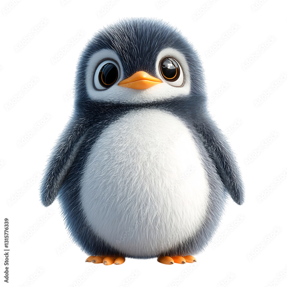 Naklejka premium Fluffy 3D Cartoon Penguin with Glowing Flippers and Big Eyes Isolated on Transparent Background