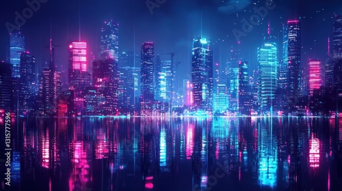 Wallpaper Mural Neon Cityscape Reflection: A Futuristic Metropolis at Night Torontodigital.ca