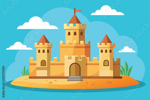 A vibrant sand castle stands proudly on a sunny island surrounded by soft clouds and green foliage, Sand castle Customizable Flat Illustration