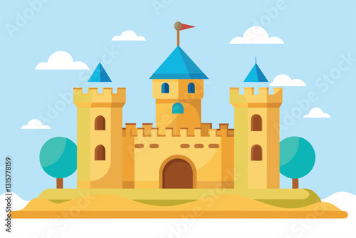 A vibrant sand castle with blue roofs and flags stands surrounded by trees on a sunny beach, Sand castle Customizable Flat Illustration