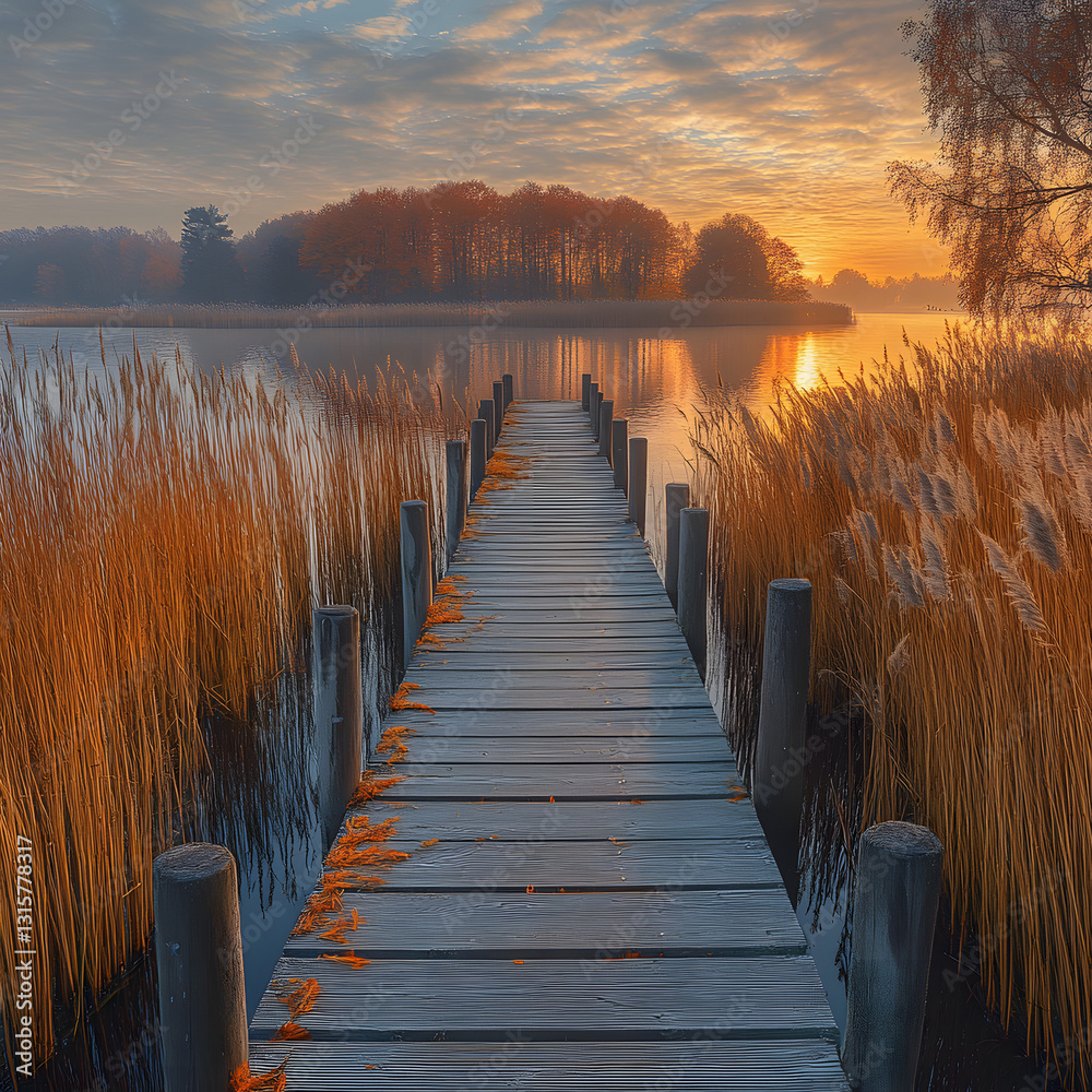 Obraz premium Beautiful Sunset Over a Winding Boardwalk in Nature, Serene Boardwalk at Sunset Over Tranquil Marshlands Scenic Nature Landscape. 