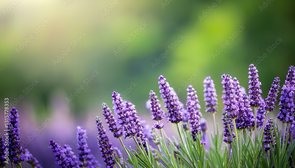 Obraz premium lavender flowers in the garden with green bokeh background. copy space image.