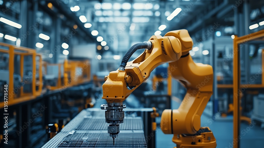 Robotic Arm Operating Precision Machinery in Modern Industrial Manufacturing Facility Robotic Arm Operating Precision Machinery in Modern Industrial Manufacturing Facility