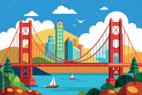 A vibrant cartoon-style bridge spans the bay, surrounded by a lively city skyline and peaceful boats, San francisco bridge Customizable Cartoon Illustration