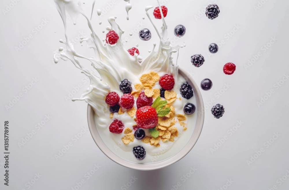 A High Angle Close Up Of A Bowl Of Yogurt With Milk, Berries And Cereal, On A White Background Perfect For A Healthy Breakfast Concept. A Visual Feast Of Summer Flavors. Perfect For A Health A High Angle Close Up Of A Bowl Of Yogurt With Milk, Berries And Cereal, On A White Background Perfect For A Healthy Breakfast Concept. A Visual Feast Of Summer Flavors. Perfect For A Health