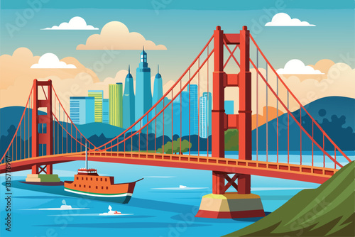 A vibrant cartoon illustration features a San Francisco bridge with a boat sailing beneath it and a city skyline, San francisco bridge Customizable Cartoon Illustration