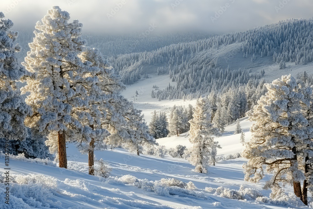A winter landscape showcasing frosted pines in the midst of a snow-covered valley. A winter landscape showcasing frosted pines in the midst of a snow-covered valley.