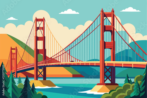 An artistic portrayal of San Francisco's famous bridge featuring colorful landscapes and scenic details, San francisco bridge Customizable Disproportionate Illustration