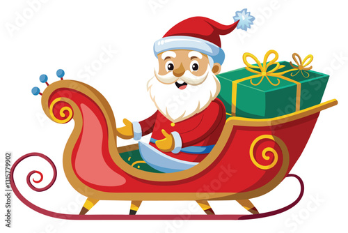 Santa Claus joyfully rides in his colorful sleigh, delivering gifts during the holiday season, Santa claus sleigh Customizable Cartoon Illustration