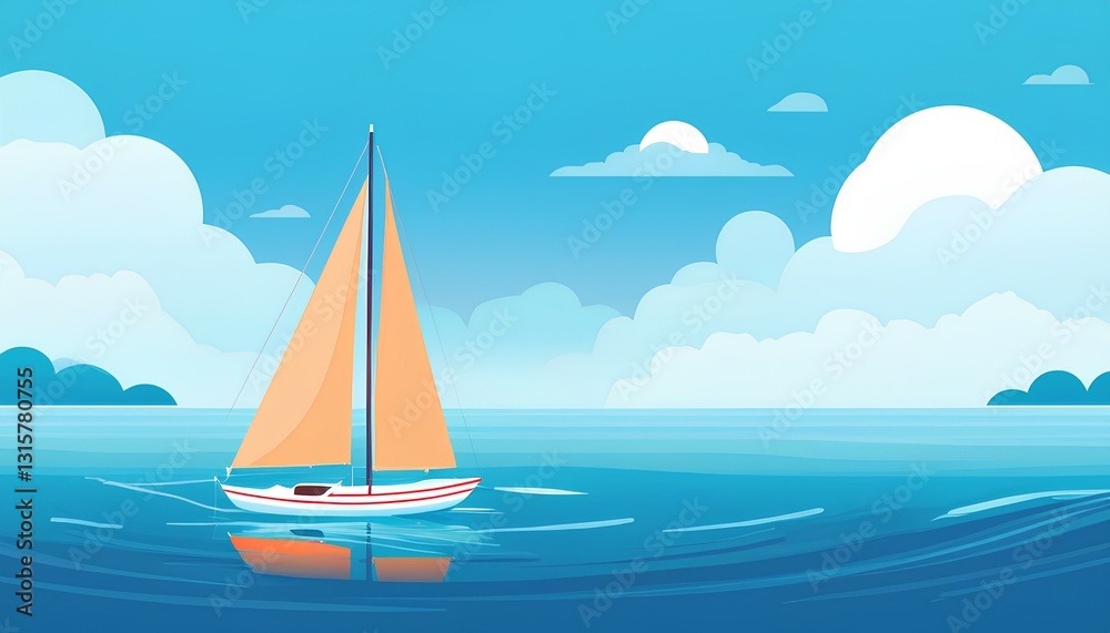 Obraz premium Cartoon illustration of a sailboat in the sea with blue sky background. Sailing boat on the sea. Sailing ship on the sea. yacht in the sea. copy space image.