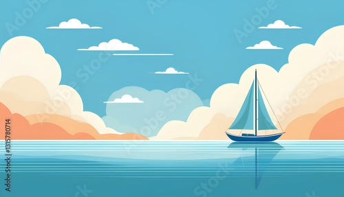 Cartoon illustration of a sailboat in the sea with blue sky background. Sailing boat on the sea. Sailing ship on the sea. yacht in the sea. copy space image.