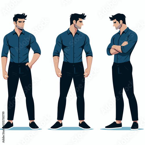 Posed Man in Casual Business Attire, Three Views