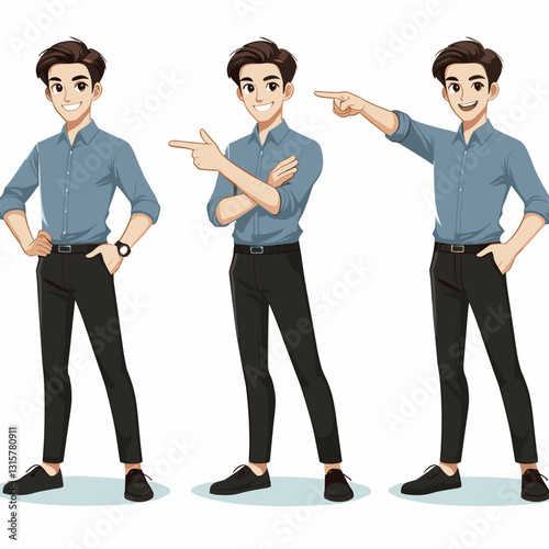 Cartoon Man in Various Poses, Vector Illustration