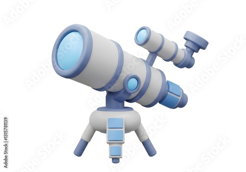 3D Cartoon Blue and White Telescope with Tripod for Space Observation Isolated on White Background
