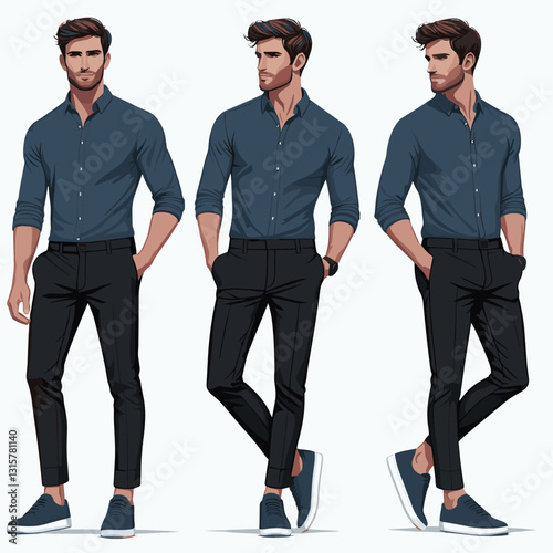 Stylish Man in Different Poses on White Background