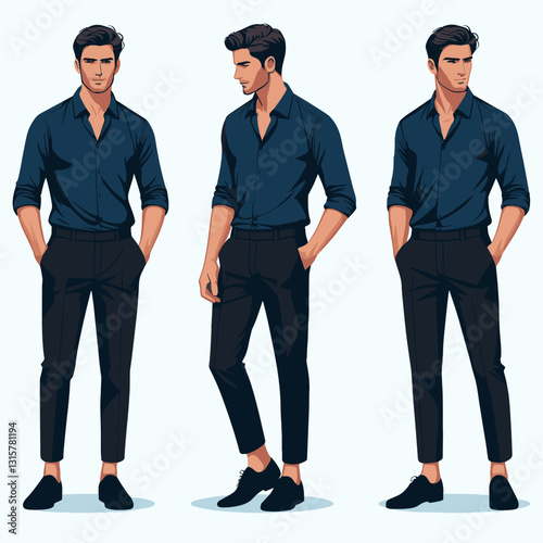 Illustrated Man in Casual Business Attire - Multiple Views