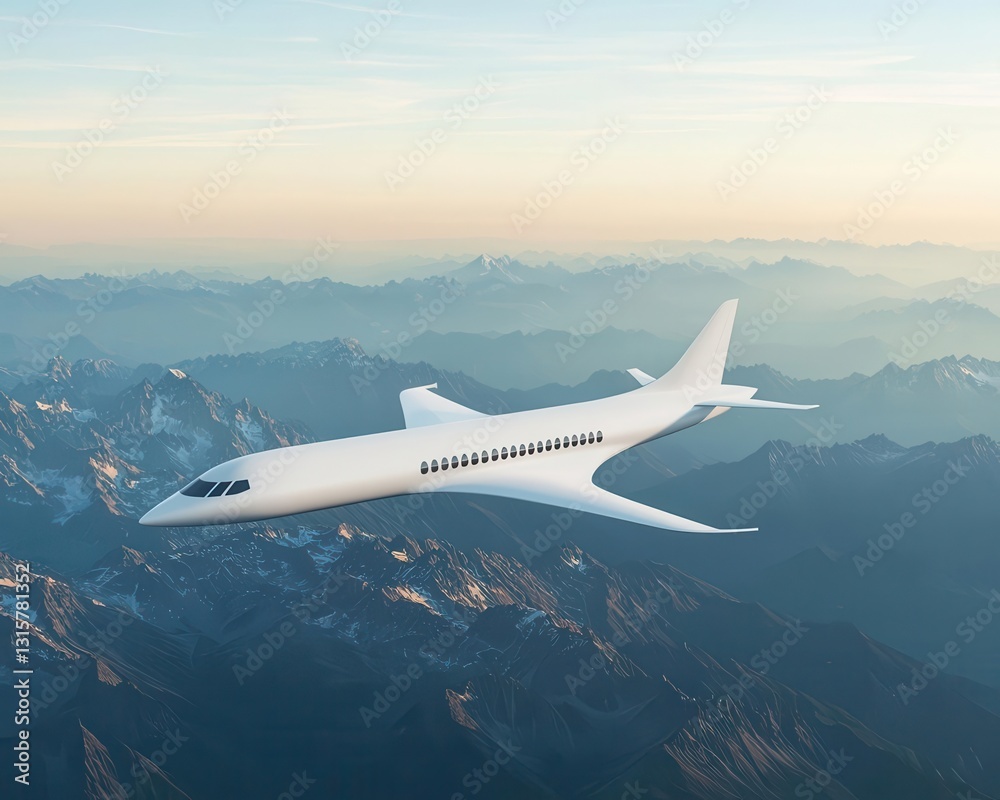 Naklejka premium Futuristic supersonic jetliner in a sleek design, flying above mountain ranges, advanced engineering and hightech luxury