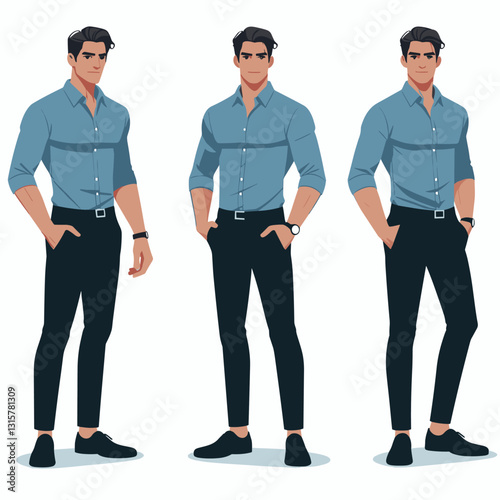 Stylish Man in Blue Shirt: Cartoon Character Poses