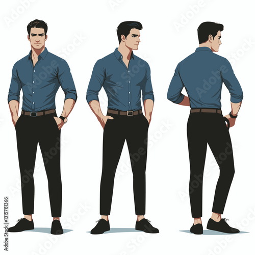 Stylish Man Character Sheet: Front, Side, and Back Views