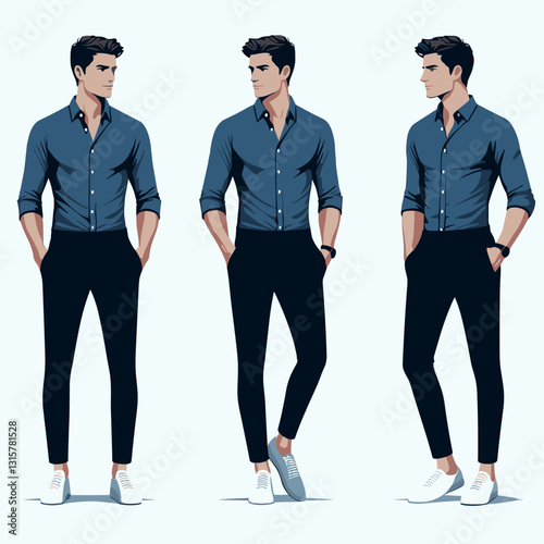 Fashionable Man Poses: Blue Shirt & Black Pants