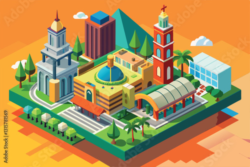 Explore a colorful isometric representation of Sao Paulo, featuring iconic buildings and dynamic urban life, Sao paulo Customizable Isometric Illustration