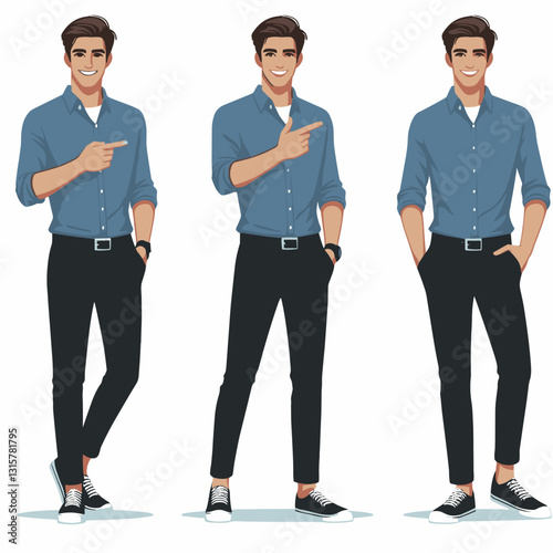 Three Poses of a Stylish Man Pointing