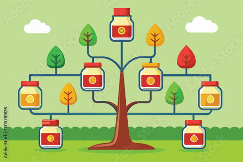 A cartoon-style sauce tree displays vibrant jars amidst colorful leaves in a whimsical design, Sauce tree Customizable Cartoon Illustration
