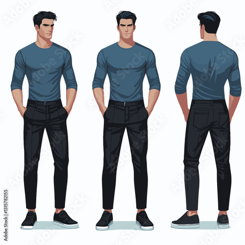 Man Fashion Illustration: Front, Side, and Back View