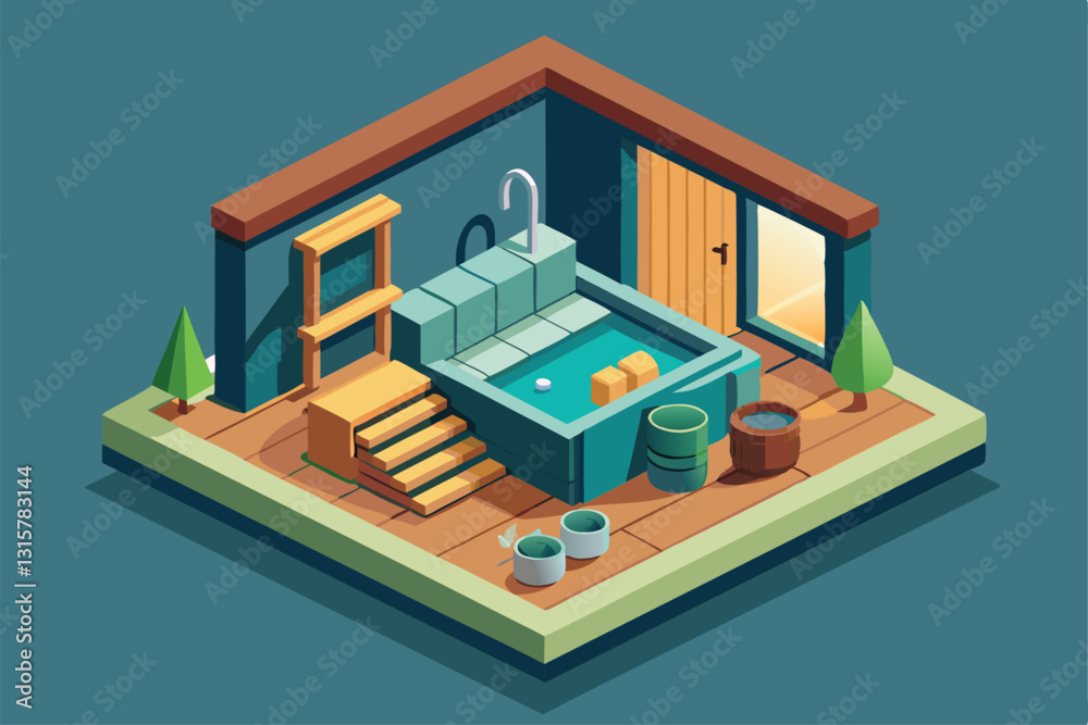 Fototapeta premium Explore a customizable sauna design showcasing a cozy interior with modern features and greenery outside, Sauna Customizable Isometric Illustration