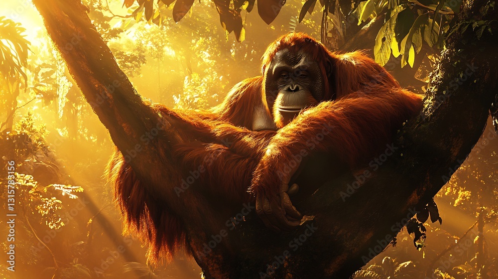 Obraz premium Jungle Giants massive orangutan resting on a tree branch golden sunlight piercing through the thick Borneo rainforest