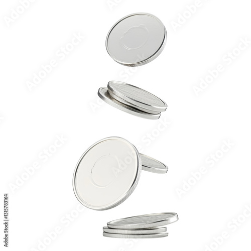 Floating Silver Coins with Blank Surface and Details Isolated on transparent background