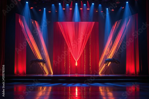 Dynamic Stage Design Featuring Scarlet Backdrop and Luminous Lighting Effects