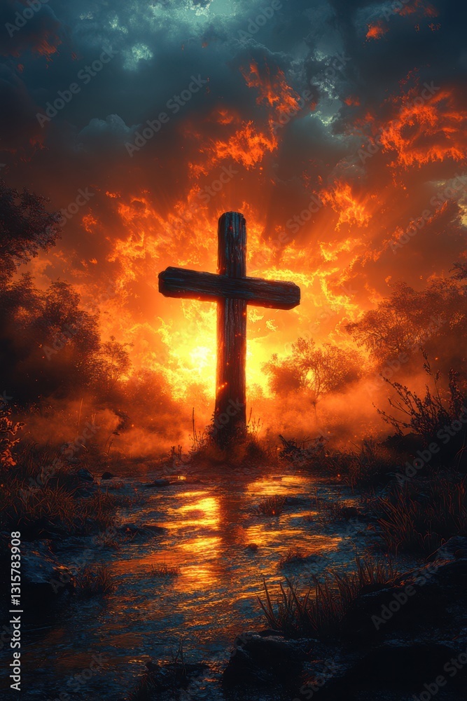 A wooden cross in a misty golden-lit landscape. Nature elements and fog create a serene atmosphere around the prominent structure. A wooden cross in a misty golden-lit landscape. Nature elements and fog create a serene atmosphere around the prominent structure.