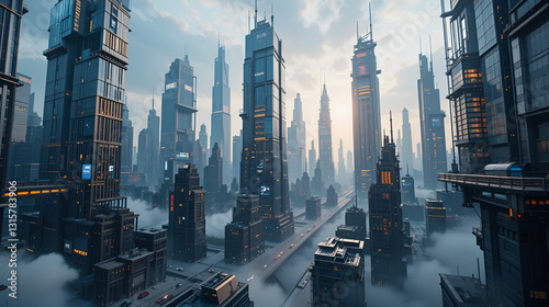 A futuristic cityscape in flux, with buildings shifting and adjusting, the ongoing and dynamic process of corporate restructuring and adapting to new environments