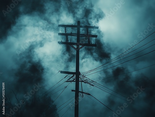 Night sky, power lines, ominous clouds, storm