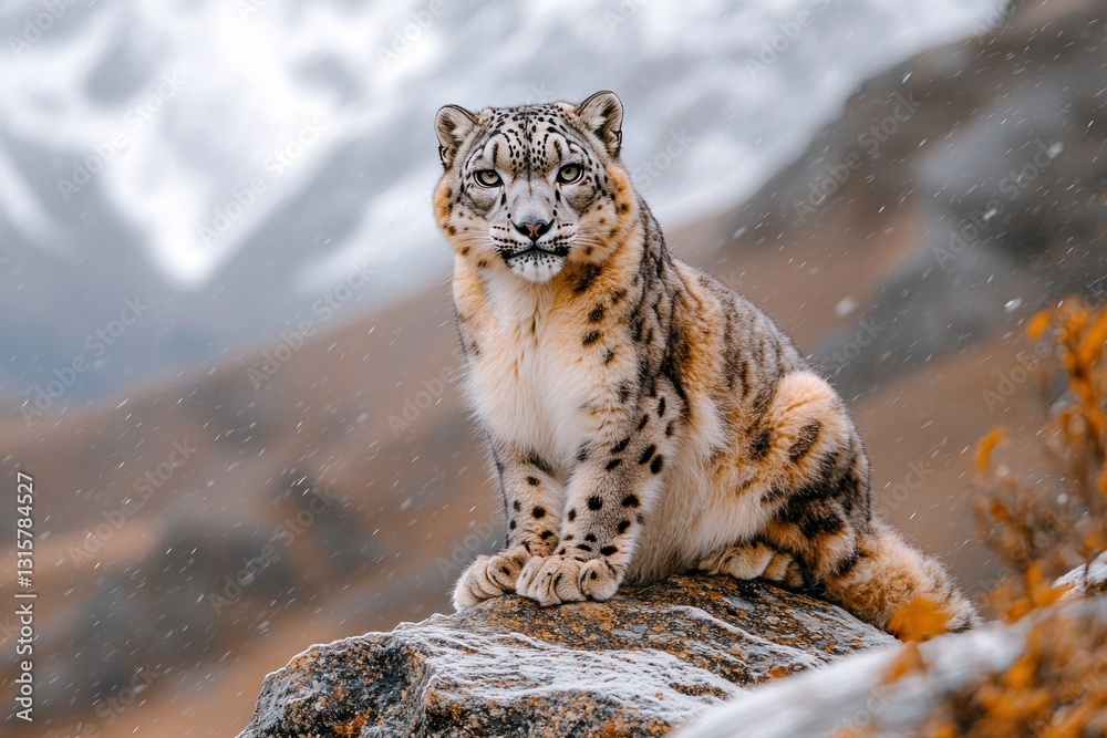 Fototapeta premium Snow leopard sits on rock in snowy mountains