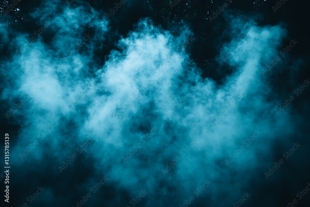 A teal colored cloud of smoke appears against a dark background A teal colored cloud of smoke appears against a dark background
