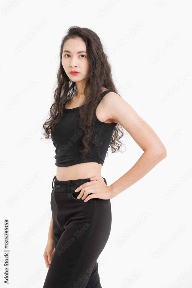 Portrait of asian beautiful woman with curly hair, wearing black tank top black long pants, model girl attractive confident cheerful standing smiling pose look at camera on white background in studio. Portrait of asian beautiful woman with curly hair, wearing black tank top black long pants, model girl attractive confident cheerful standing smiling pose look at camera on white background in studio.