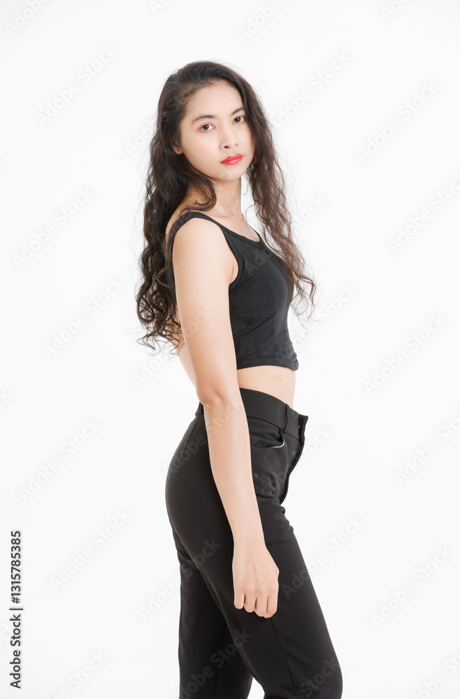 Portrait of asian beautiful woman with curly hair, wearing black tank top black long pants, model girl attractive confident cheerful standing smiling pose look at camera on white background in studio. Portrait of asian beautiful woman with curly hair, wearing black tank top black long pants, model girl attractive confident cheerful standing smiling pose look at camera on white background in studio.