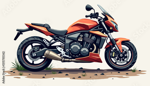 Vector illustration of a stylish orange motorcycle parked on dirt with grass