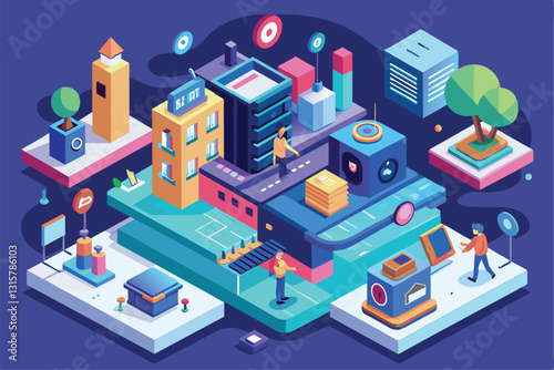 An isometric illustration of a lively urban scene with buildings and characters in action, Save time Customizable Isometric Illustration