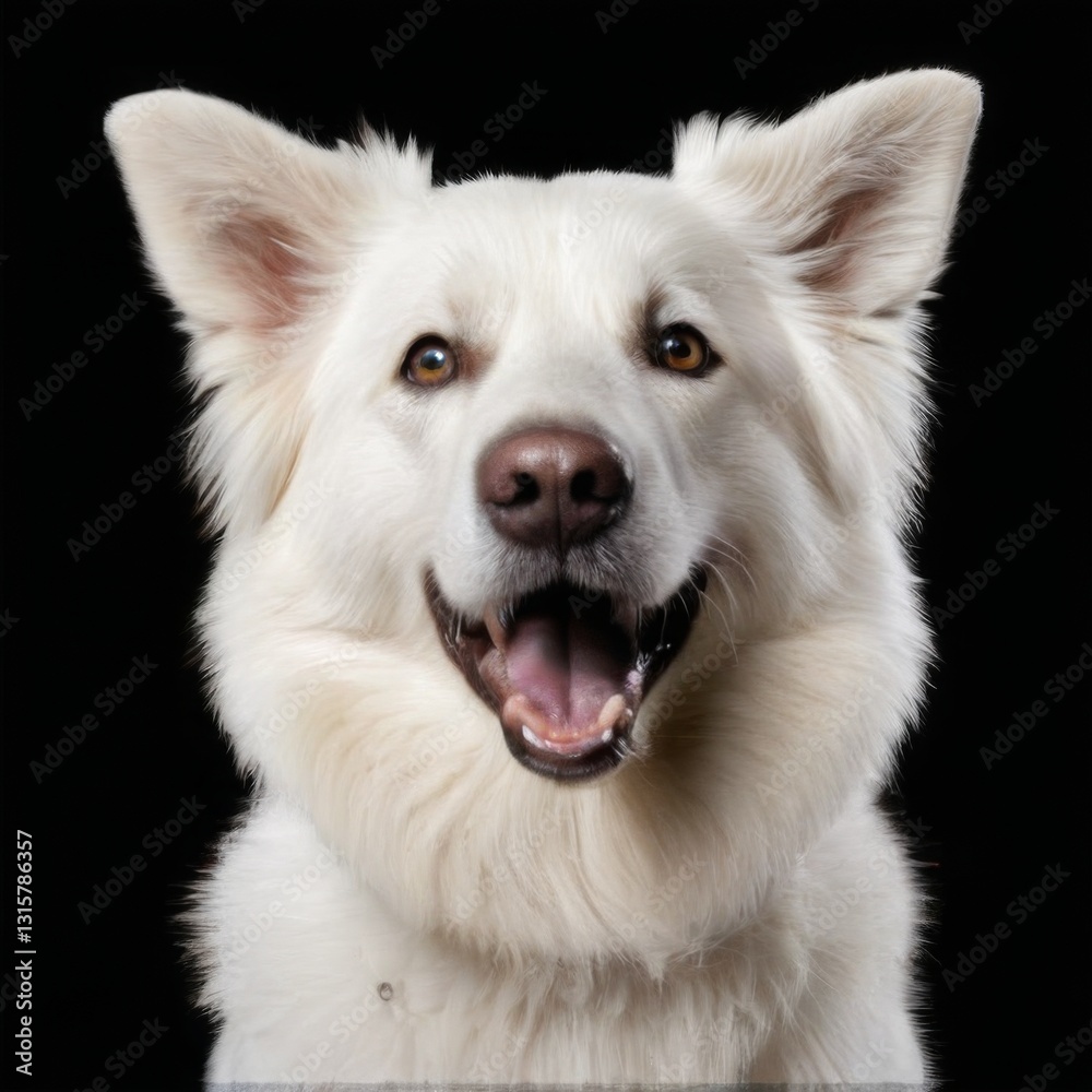 CloseUp Portrait of White Dog with Fluffy Fur and Deep Brown Eyes, Staring Curiously at Camera on Black Background CloseUp Portrait of White Dog with Fluffy Fur and Deep Brown Eyes, Staring Curiously at Camera on Black Background