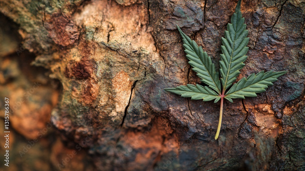 Cannabis Leaf on Rustic Bark Background Nature's Contrast Cannabis Leaf on Rustic Bark Background Nature's Contrast
