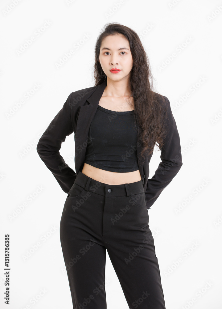 Portrait of asian beautiful woman curly long hair, wearing black suit, black long pants, model girl positive attractive confident charming, standing pose look at camera on white background in studio. Portrait of asian beautiful woman curly long hair, wearing black suit, black long pants, model girl positive attractive confident charming, standing pose look at camera on white background in studio.