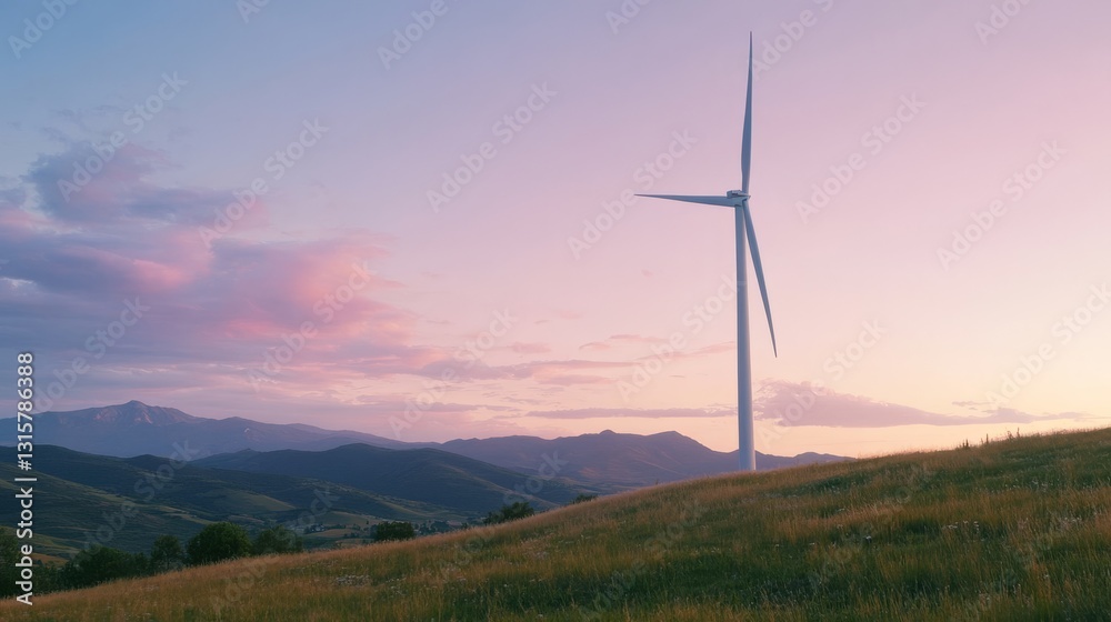 Obraz premium Wind turbine on a hill at sunset