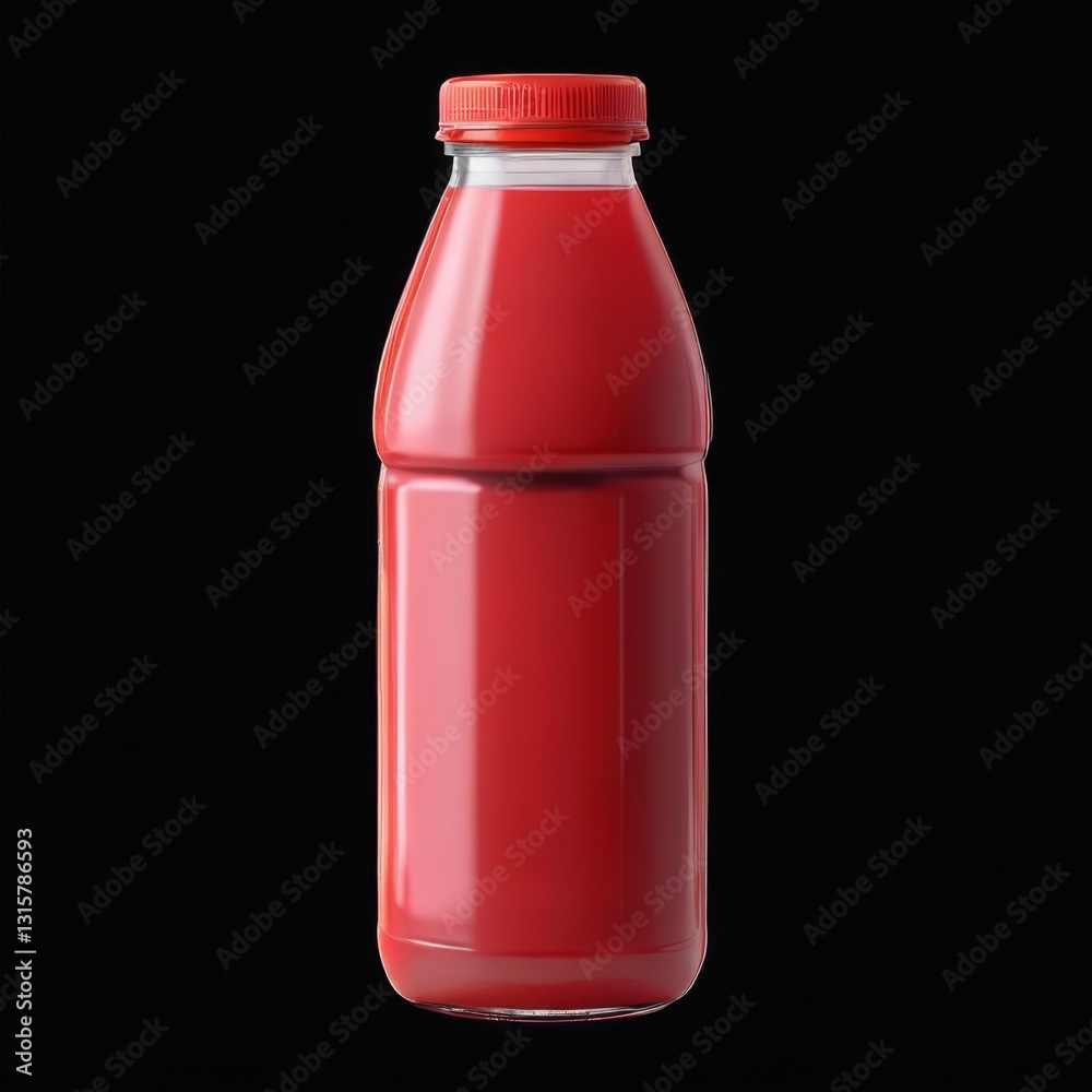 Red plastic bottle filled with liquid, white label, black background, realistic 3D rendering, beverage concept. Red plastic bottle filled with liquid, white label, black background, realistic 3D rendering, beverage concept.