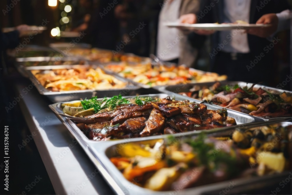 Buffet Table with Varied Fresh Food Trays, Grilled Meats, Vegetables, Herbs, and Ambient Lighting in Event Setting Buffet Table with Varied Fresh Food Trays, Grilled Meats, Vegetables, Herbs, and Ambient Lighting in Event Setting