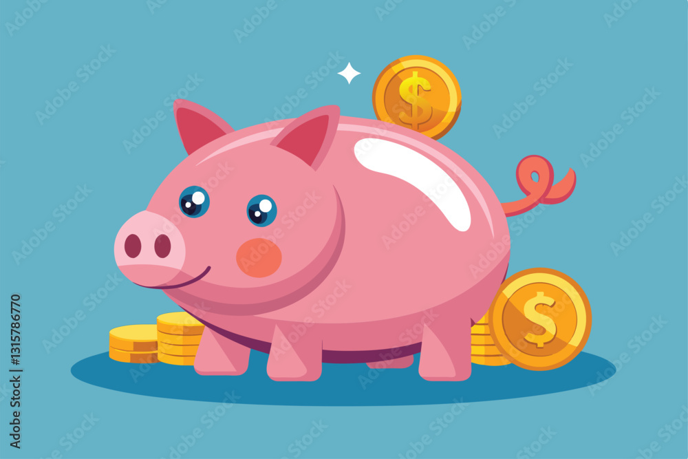 Fototapeta premium A bright pink piggy bank sits surrounded by gold coins, symbolizing saving money and financial security, saving money