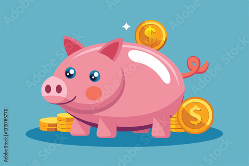 A bright pink piggy bank sits surrounded by gold coins, symbolizing saving money and financial security, saving money