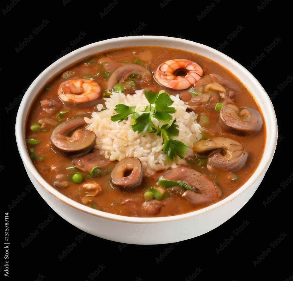 Delicious Gumbo Bowl with Shrimp, Sausage, Rice, and Mushrooms Against Black Background Food Photography Delicious Gumbo Bowl with Shrimp, Sausage, Rice, and Mushrooms Against Black Background Food Photography